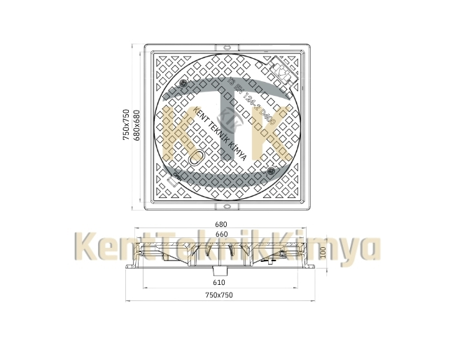 AK-DKT-600-C250-C5 Kare Çerçeveli Döküm Yuvarlak Rögar Kapağı Takımı (C250)